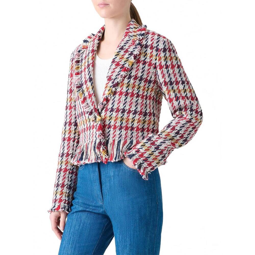 NEW AKRIS PUNTO women's check tweed maxi fringes jacket in cream multi - Picture 2 of 3